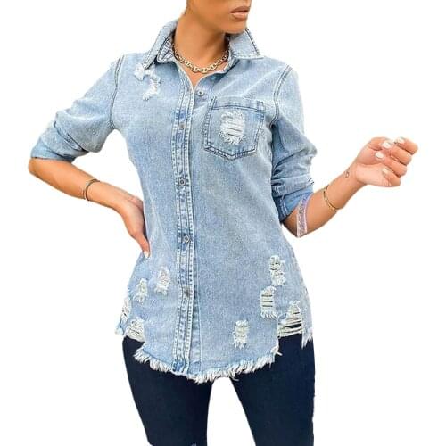 Women Casual Wild Denim Jackets Long Sleeve Lapel Single-breasted Washed Irregular Hem Ripped Hole Fitting Coat with Pockets