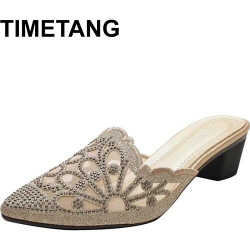 TIMETANG Pointed Rhinestone Half Slippers Women 2021 Summer Net Yarn Mid-heel Shoes Women Thick Heels Outer Wear Lace Sandals