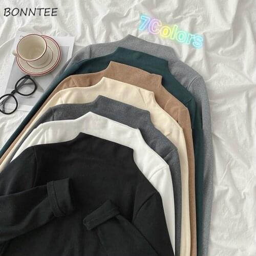 Long Sleeve T-shirts Womens Half Turtleneck Warm Slim Solid Plain 2020 New Autumn Tops Korean Style Chic Tees Female Casual Ins