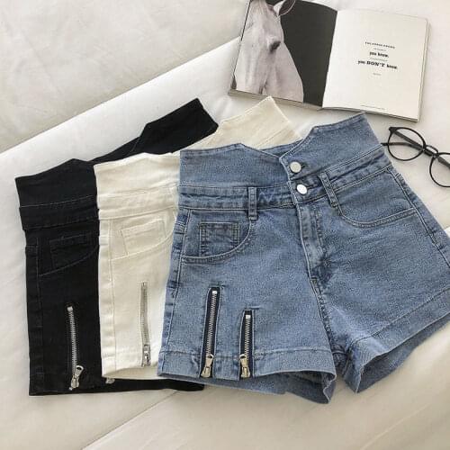 2021 Spring New Double Zipper Decoration Fashion Show Thin High Waist Denim Shorts Female Trend LN116