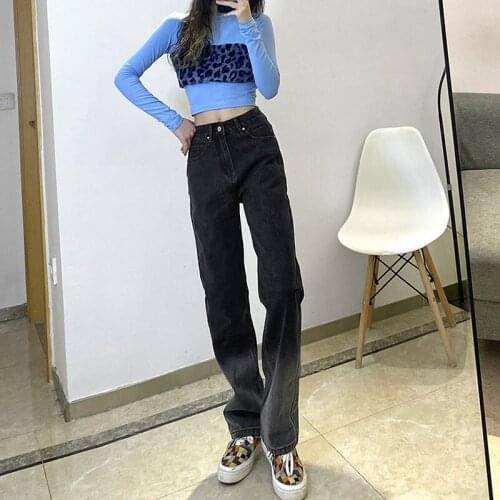 2021 New Fashion Woman Girls High Waist Gradient Color Straight Jeans Denim Pant Trouser Loose Clothes