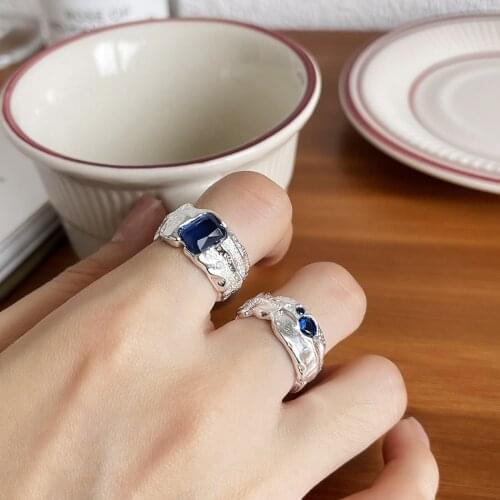 SHANICE S925 sterling silver open ring Irregular bumps and special-shaped sapphire blue Cubic Zircon Wedding Ring for Women