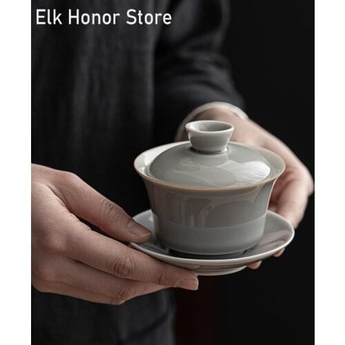 182ml Retro Ash Glaze Ice Tea Tureen Plant Ash Ceramic GaiWan Tea Bowl With Saucer Lid Kit Master Sopera Office Decoration Gift