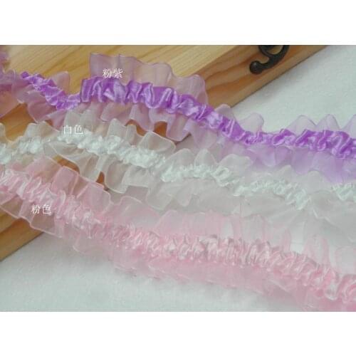 3Yard/lot Diy 3.7cm Purple pink white bilateral lace trim chiffon ruffle elastic baby hair clothes lace fabric accessories