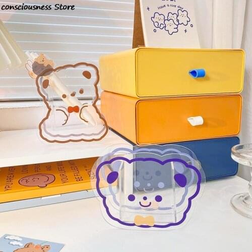 Kawaii Acrylic Pen Holder Desktop Organizer Creative Cute Bear Office Stationery Cosmetics Storage Box