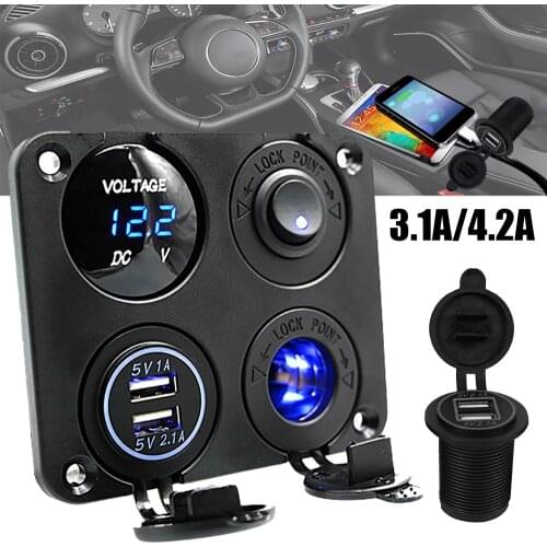 4 In 1 Car Charger Dual USB Charger 4.2A Voltmeter 12V Cigarette Lighter ON-OFF Switch for Boat Marine RV Truck Camper Vehicles