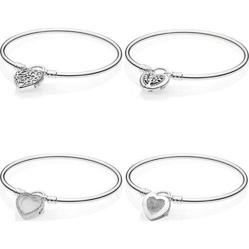 100% 925 Sterling Silver Pave Love Heart Locket Regal Heart Padlock Clasp Bracelet Fit Pandora Bead Charm Trendy DIY Jewelry