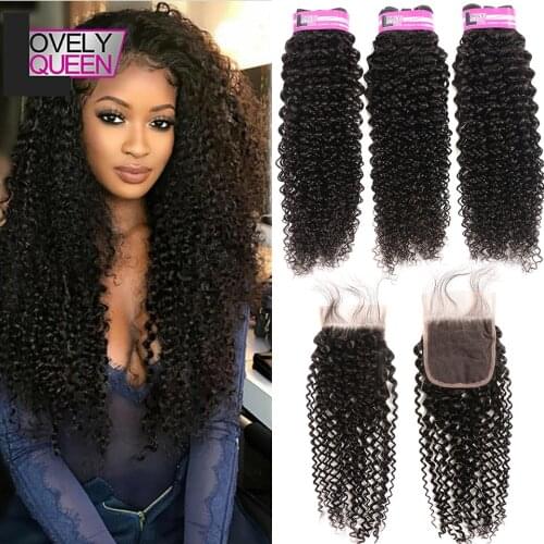 Brazilian Kinky Curly Hair 3 Bundles with Closure 100% Curly Human Hair Bundles With Closure Non Remy Natural Color Hair Weave