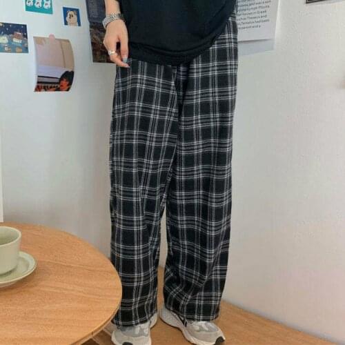 Pants Women New Fashion Plus Size 3XL Black Plaid Retro Harajuku Students Streetwear Full Length Wide Leg Trousers Womens Chic