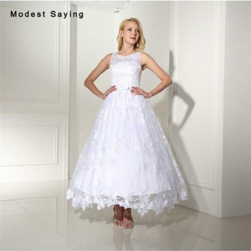 Elegant White Ball Gown Lace Wedding Dresses 2017 with Bow Formal Women Tea-Length Bridal Gowns vestido de noiva Custom Made