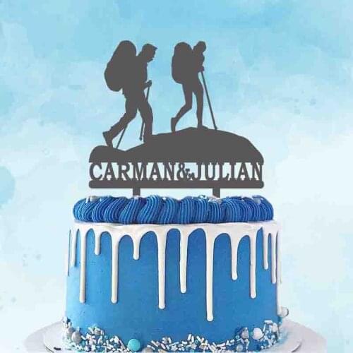Personalized Couple Name Mountain Climbing Silhouette Cake Topper For Outdoor Wedding Couple Hiking Theme Party Cake Decoration