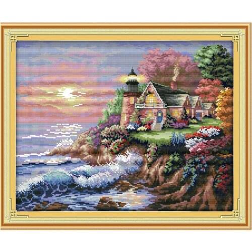 Seaside Lighthouse Landscape Decoration Painting Joy Sunday Cross Stitch Kit 14ct11ct Hand Embroidery Home Decoration Needlework
