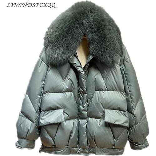 Short Down Parkas Female Natural Fox Fur Collar Loose Oversize 90% White Duck Down Jacket Women Winter Outwear Coat Veste Femme