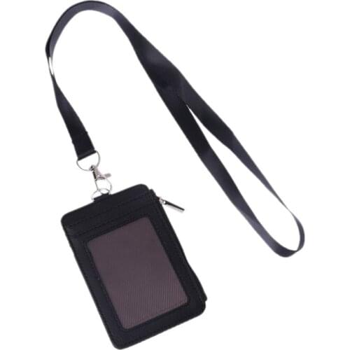 Leather ID Badge Cards Holder Lanyard Credit Card Case Business Organizer Bag