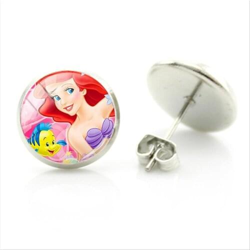 Disney Mermaid Princess Ariel Pattern Stud Earrings Glass Image Cabochon Are Fashionable And Exquisite Grade Metal Earrings