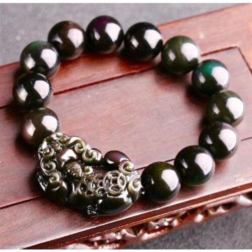 Fashion jewelry 12MM Natural Black Obsidian Rainbow Gemstone pixiu Round Beads Stretch Bracelet