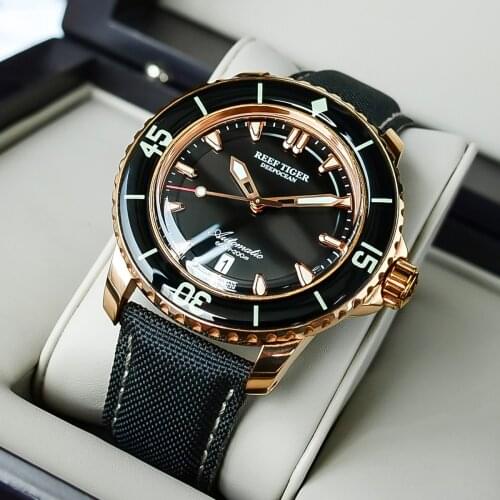 Reef Tiger/RT Mens Dive Watch with Date Super Rose Gold Luminous Automatic Watches Nylon Band RGA3035