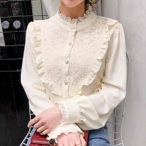 Autumn Ruffle Stitching Womens Blouse with Lace Stand Collar Long Sleeve Vintage Shirt for Women Embroidery Chiffon Top 16365