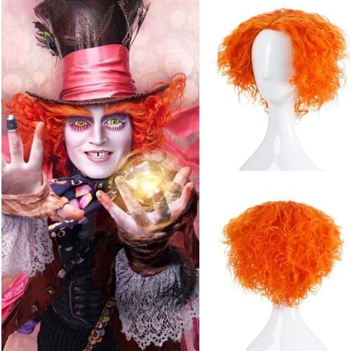 Short Bob Curly Orange Mad Hatter Wigs Orange Halloween Cosplay Costume Party Clown Crazy Wig For Women Or Men