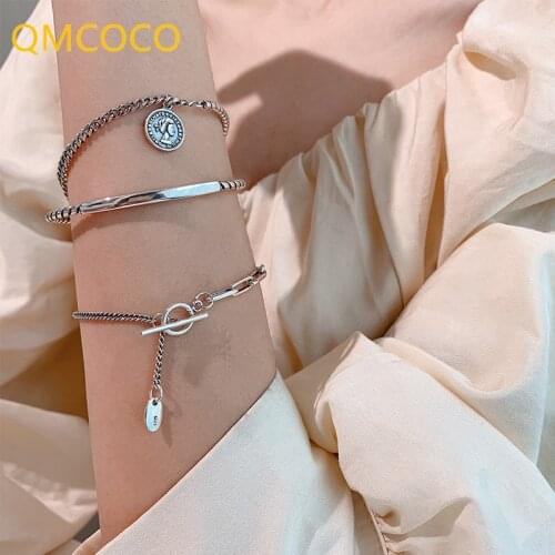 QMCOCO 925 Sterling Silver Fashion Simple Geometric Cuff Bangles Couples Party Bracelet Jewelry Adjustable Gifts For Women Gifts