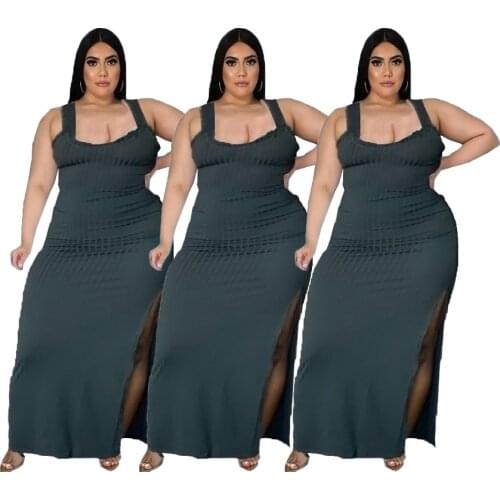Plus Size Women Sexy Clubwear Ottoman Dress 2021 Summer Hot Selling Sleeveless Bodycon Side Split Ankle-length Solid Dresses