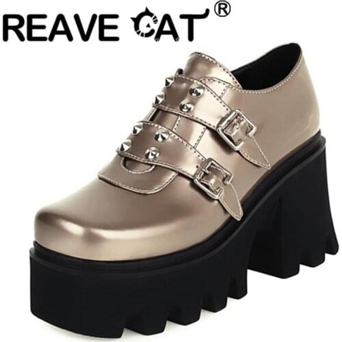 REAVE CAT 2021 Rhinestone Ladies Sexy Platform High Thick Heel Sole 8cm Slip On Square Toe Belt Buckle Punk Size 35-44 A4160