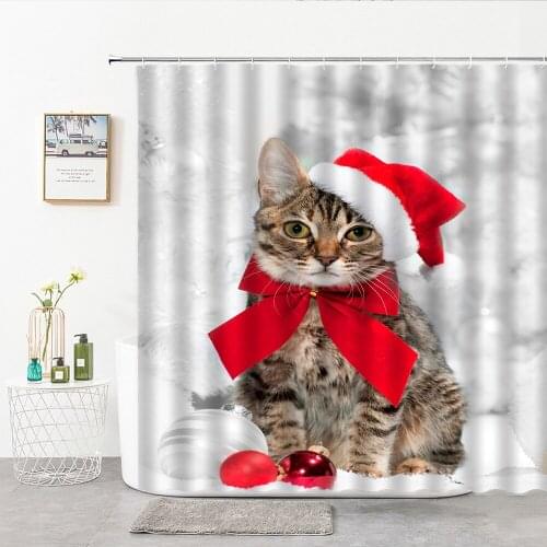 Christmas Cat Shower Curtains Hooks 3D Animal Bathroom Curtain Festival Home Decor Background Hanging Cloth Bathroom Accessories