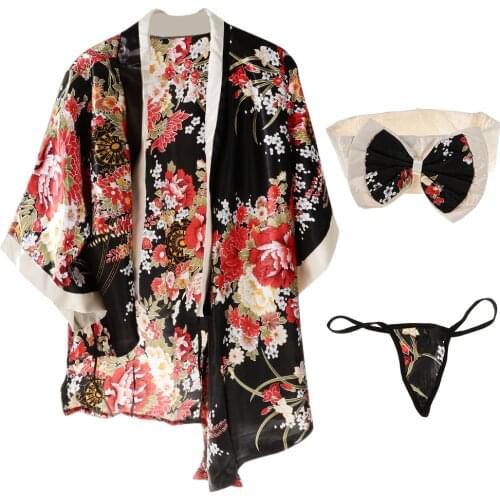 Sexy Sakura Prints Geisha Kimono Costume Naughty Lingerie Nightwear Women