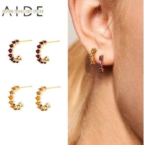 AIDE 925 Sterling Silver C Shape Pendientes Stud Earrings For Women Trendy Colorful Zircon Piercing Earings Jewelry kolczyki