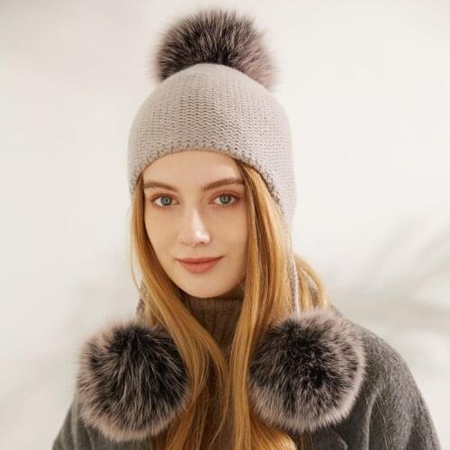 2021 Cashmere knit hat soft Winter Warm High Quality Female Solid Color Knitted Hat exquisite Cashmere fox big ball knitted he