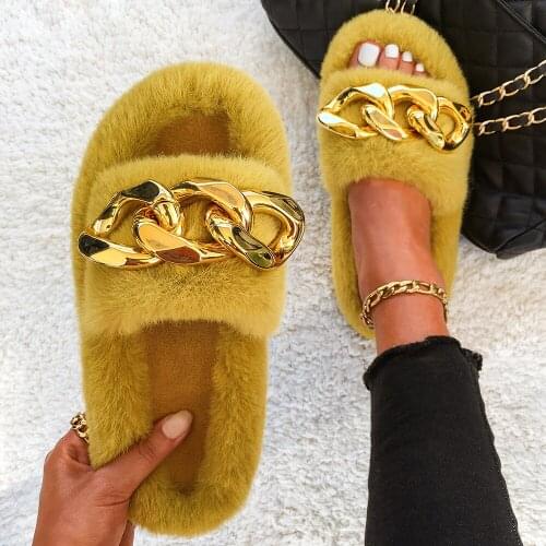 Slippers Women Fluffy Flip Flops Furry Slides Flat Summer Sandals Designer Gold Chain Faux Fur Slides Cozy Open Toe Casual Shoes