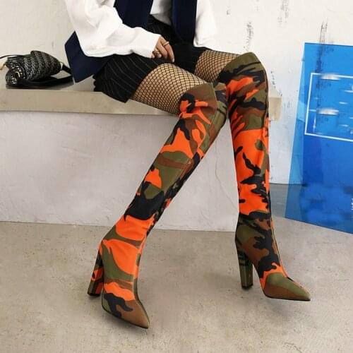 Sianie Tianie 2021 Winter Stretch Fabric Paisley Camo Print Western Over-the-Knee Socks Booties Block High Heels Thigh Overknees