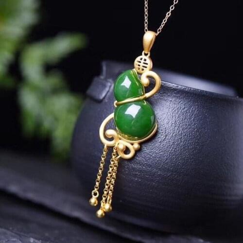 Silver inlaid natural Hetian white jade gourd Pendant Necklace with Chinese unique ancient gold craft charm womens jewelry
