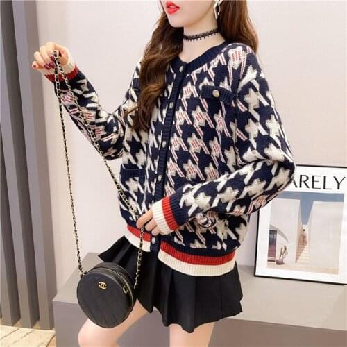 Vintage Elegant Short Outerwear Golden Thread Checkered Round Neck Long-sleeved Sweater Autumn Spring 2021 New Korean Style Tops