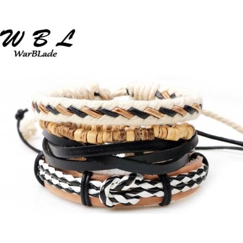WarBLade 5pcs Fashion Men Leather Bracelets Multilayer Charm Wood Beads Bracelet Bangle Punk Wrap Wristband For Women 2019 New