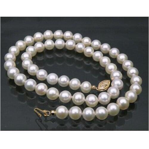 AAA+ perfect 9-10mm white akoya pearl necklace 25" 925silver yellow gold clasp