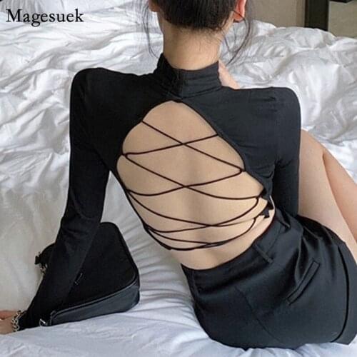 New Spring Summer Top Blouse Cross Bandage Backless Sexy Corset Tops Long Sleeve Cotton Solid Shirts Blouses Women Casual 12849
