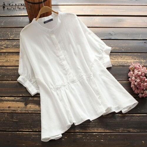 Kaftan Womens Summer Blouses ZANZEA 2021 Solid Tops Casual Short Sleeve Blusas Female High Waist Tunic Oversized Chemise 5XL