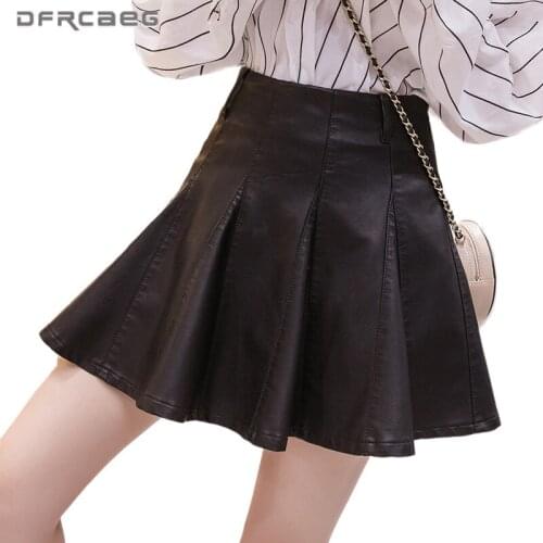 Black PU Leather Pleated Mini Skirt Women 2020 Autumn High Waist Skater Skirt Ladies Casual Tutu faldas Saias