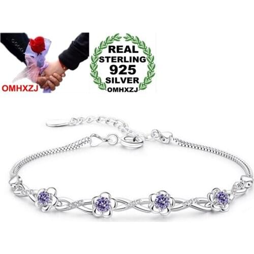 OMHXZJ Wholesale Fashion Cute Woman Girl Wedding Gift Peach Blossom White Purple Zircon 925 Sterling Silver Bracelet Bangle SZ86