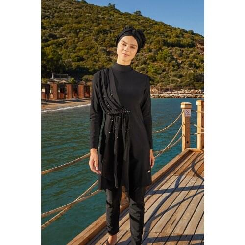 Womens Black Lycra Full Off Hijab Swimwear Tulle Pearl Detail 4248 Turkish' Muslim Swimsuit Burkinis Modest Clothing Islamic Long