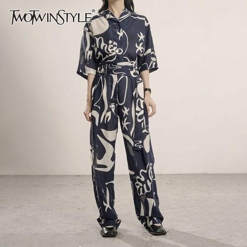 TWOTWINSTYLE Vintage Print Two Piece Set For Women Lapel Short Sleeve Tops Wide Leg Pants Hit Color Casual Sets Female Fashion