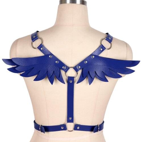 Blue Wing Angel Leather Harness Bra Tops Back Belt Sexy Punk Goth Lingerie Cosplay Dance Wear Body Cage Strap Plus Size Women