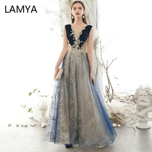 LAMYA Backless Long Evening Dress Elegant Luxury Formal Party Dress Plus Size Sequined Appliques Prom Gown Women Robe De Soiree