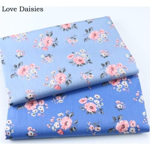 100% Cotton Twill LIGHT BLUE Pastoral Pink White Floral Flowers Fabrics for DIY Bedding Sheet Apparel Dress Bag Handwork Decor