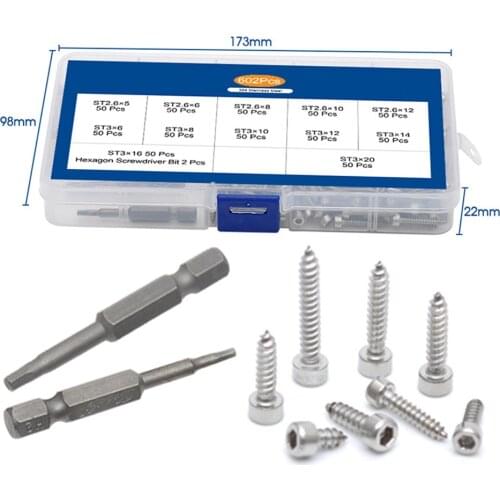 602Pcs/Box 304 Stainless Steel Cylinder Head Hexagon Socket Head Tapping Screw Cup Head Screw Hardware Assortment Kit