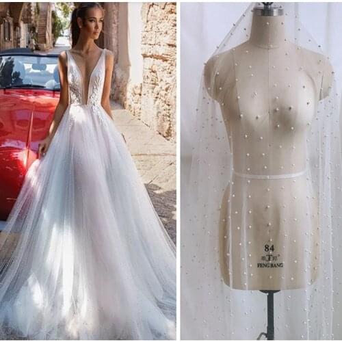 7 meters Navy blue, Pink, Beige,White Tulle Mesh Lace Fabric with Pearls Handmade Beaded Lace Fabric for Wedding Dress