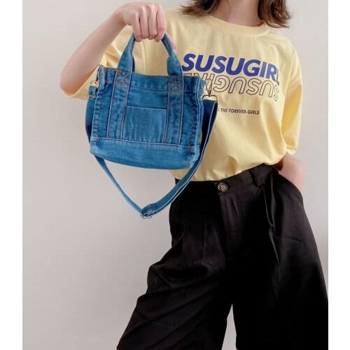 Denim Cloth Women Mini Shoulder Bag Girls Light Blue Canvas Fabric Handbag Small Casual Tote Detachable Strap Lady Zipper Purse