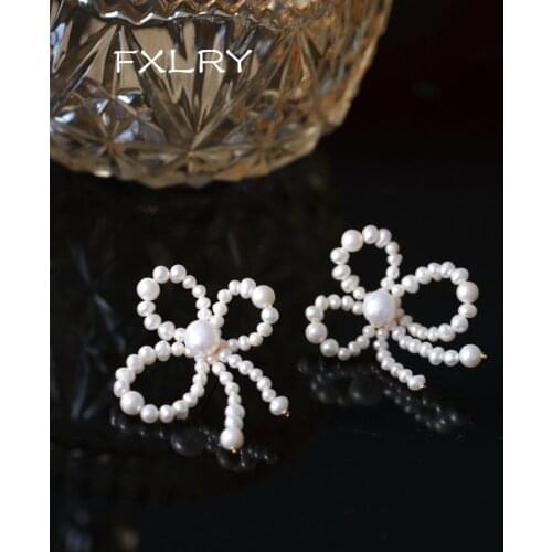 FXLRY Original Design Handmade Natural Pearl Vintage Bow Stud Earrings For Women Jewelry