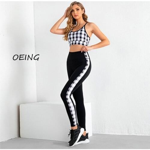 Plaid Black 2 Piece Set Women Fashion Gym Clothing Sport Set Women Plus Size 2021 Workout Clothes for Women